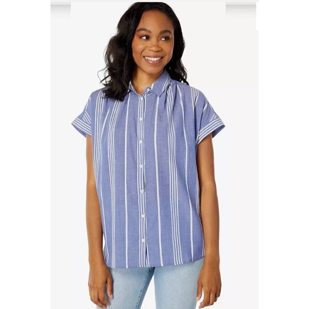 Madewell Central Shirt In Highley Stripe Button Up Blue/White Womens XXS Blouse